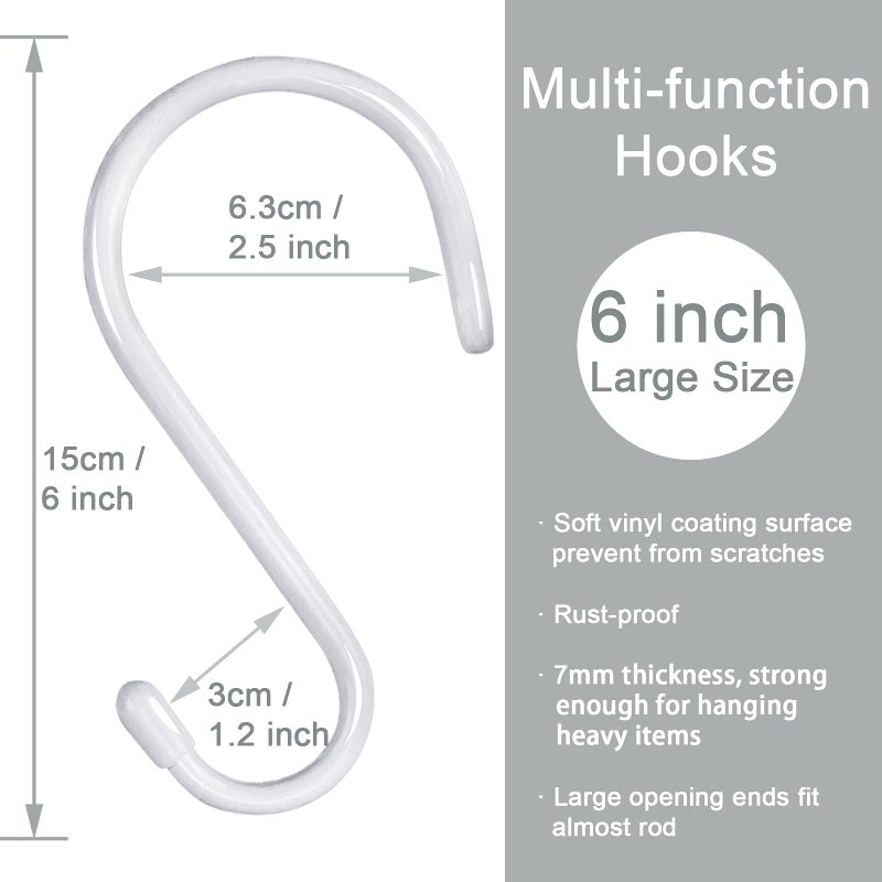 HiGift 8 Pack 6 inch White S Hooks for Hanging  Large Vinyl Coated Metal S Hooks Heavy Duty  Non Slip Rubber Coated Closet Rod Hooks for Hanging Jeans Plants Purse Clothes Bags Pans Pots Cups Towels - Image 2
